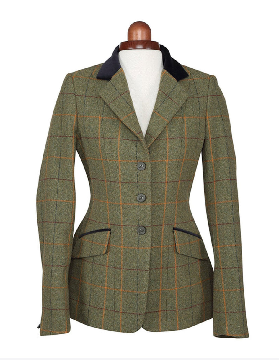 Aubrion Saratoga Childs tweed hacking jacket. Green with a red, yellow and blue check.