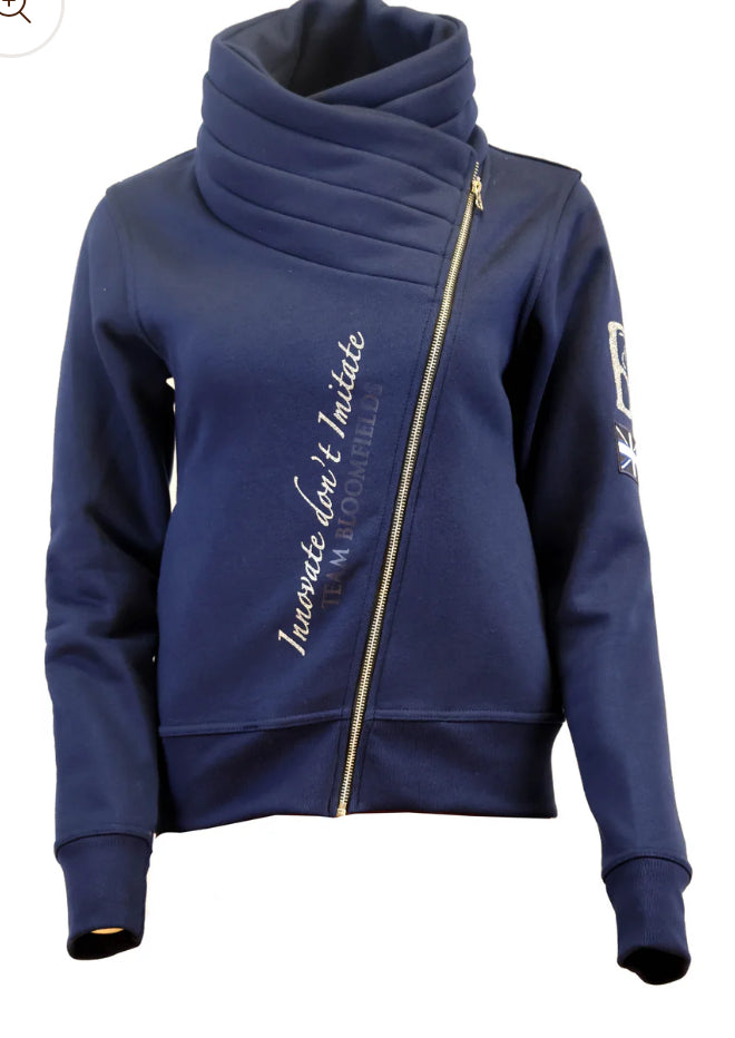 Bloomfields Sabrina ruffle collar zip up top in navy and silver.
