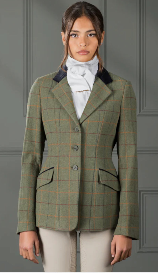 Aubrion Ladies Saratoga Hacking Jacket in green with a red, yellow, blue check.