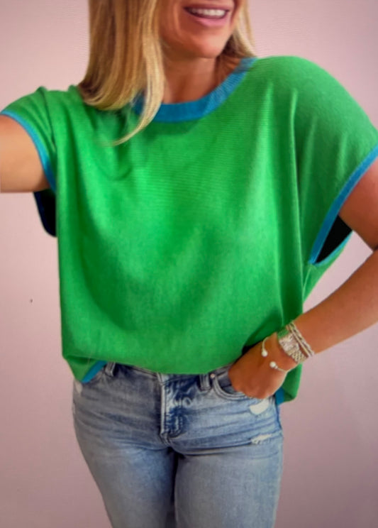 Contrast Trim Round Neck Short Sleeve Loose Knit Sweater