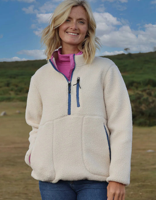 Lazy Jacks oatmeal Sherpa fleece quarter zip top.